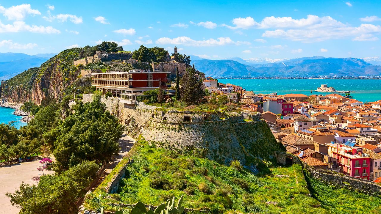Old town aerial panorama with sea in Nafplio or Nafplion, Greece, Peloponnese
