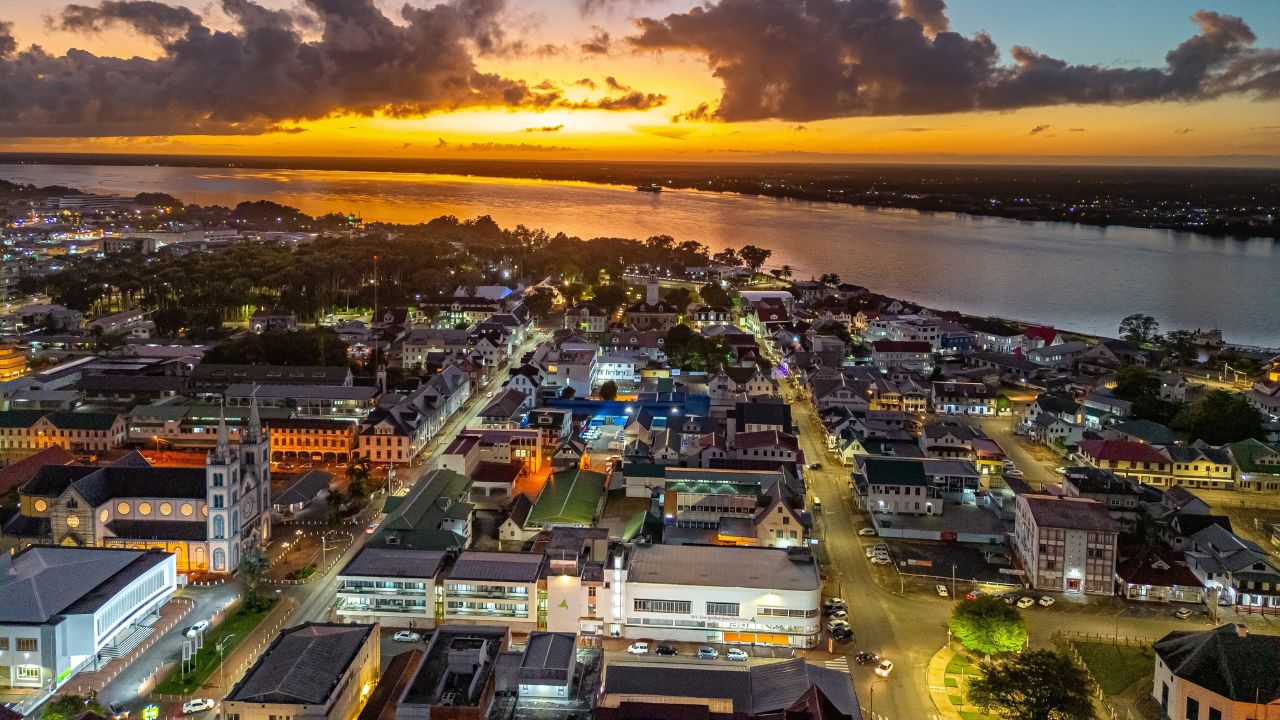 Paramaribo, Suriname at night from drone