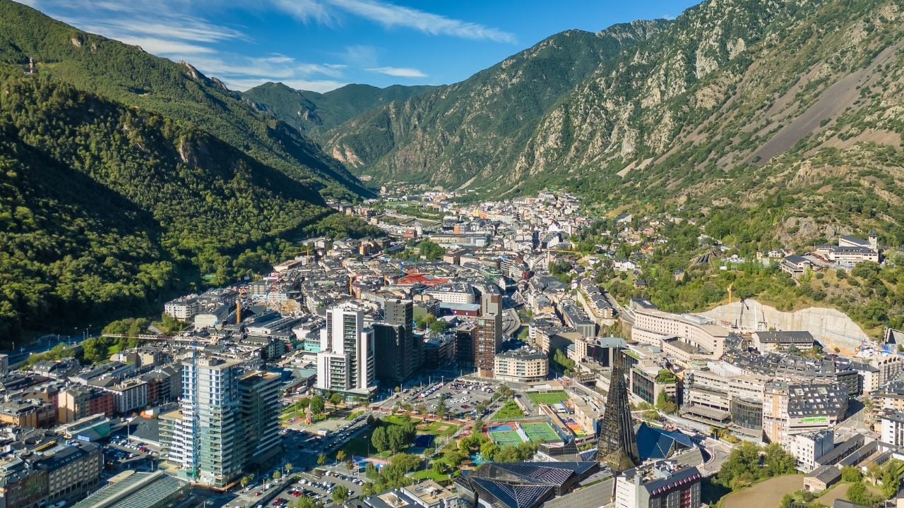 Aerial view of Andorra la Vella, the capital of Andorra, in the Pyrenees mountains between France and Spain.