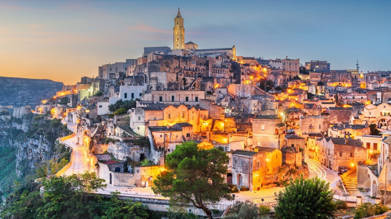 Matera, Italy ancient hilltop town in the Basilicata region at dawn.
