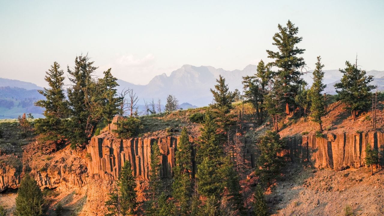 Mesmerizing view of basalt columns look like rock fence posts in Yellowstone National Park, USA at sunset