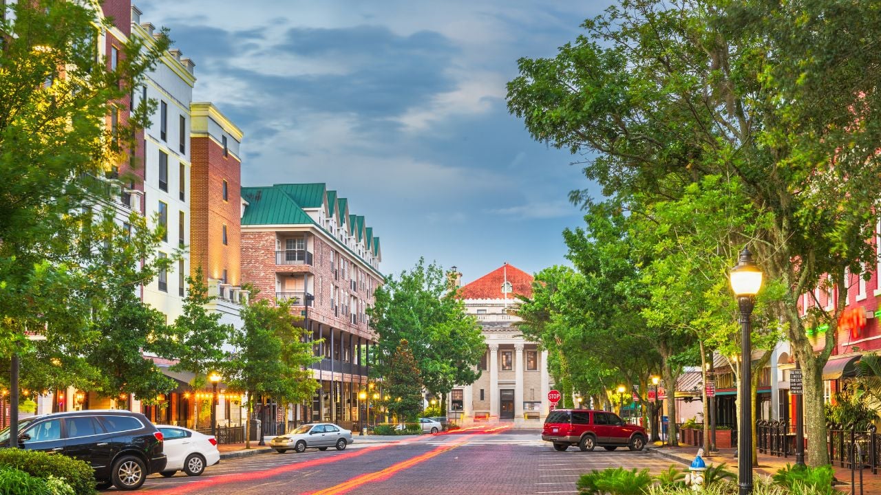 Gainesville, Florida, USA downtown cityscape at twilight.