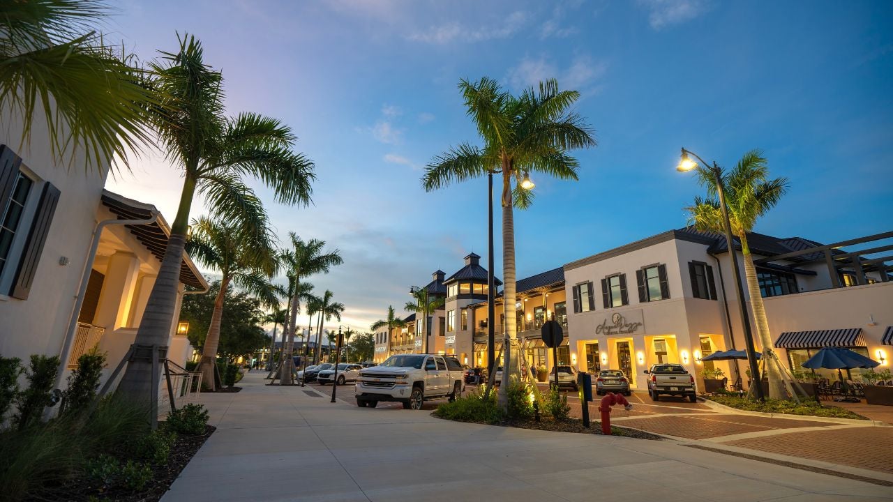 Walkable town center neighborhood with recreational infrastructure in Venice, Florida. Wellen Park downtown district in evening. Main street square. Venice, USA - July 23, 2024.
