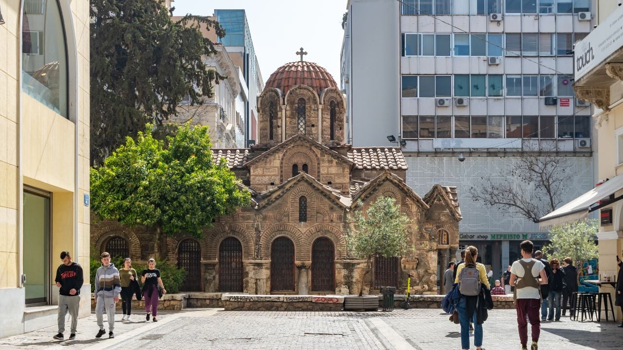 Athens, Greece - 26.04.2019: The Church of Panagia Kapnikarea, the oldest church in Athens, located in the shopping district on Ermou Street