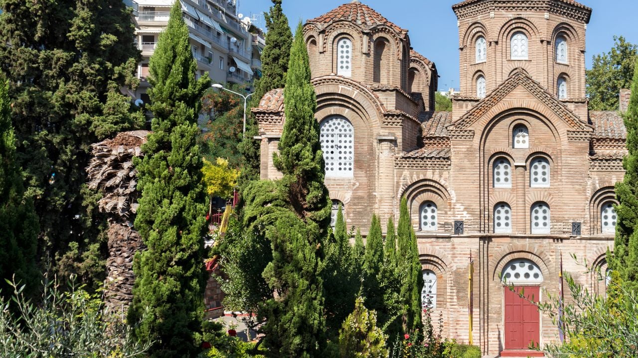 THESSALONIKI, GREECE - SEPTEMBER 22, 2019: Ancient Byzantine Church of Panagia Chalkeon in the center of city of Thessaloniki, Central Macedonia, Greece