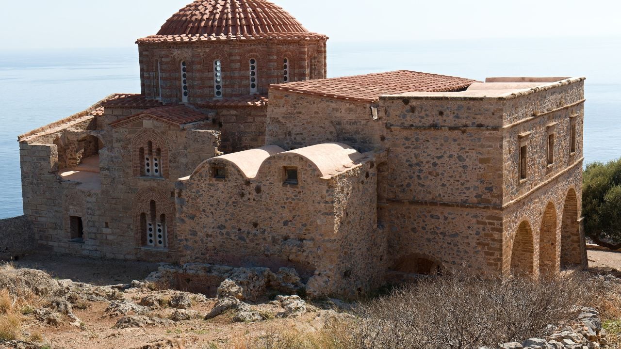 View of medieval Monemvasia town. Founded in the 6th century. The Church of Hagia Sophia was built in the 12th century. Laconia, Peloponnese, Greece.