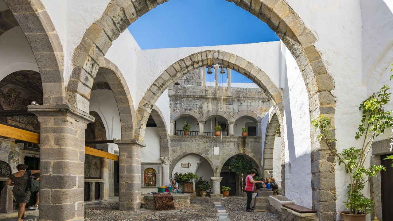 Patmos Island, Greece - September 16, 2017 : The Monastery of Saint John the Theologian interior view in Patmos Island. Patmos is populer tourist destinatipn in Greece.