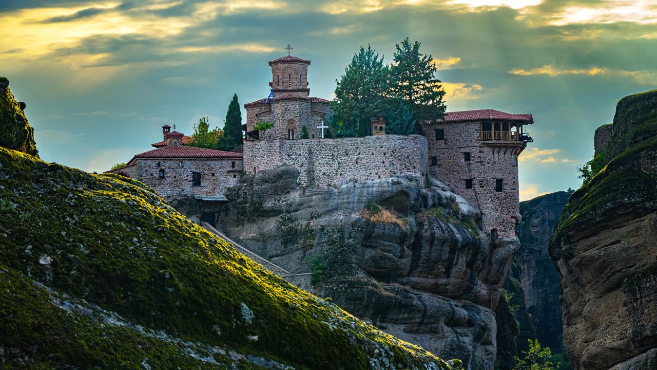 View of Meteora with Eastern Orthodox monasteries, a rock formation in the regional unit of Trikala, in Thessaly, in northwestern Greece, UNESCO World Heritage Site