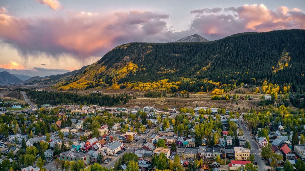 Aerial View of the Popular Ski Town of Crested Butte, Colorado in Peak Autumn Colors