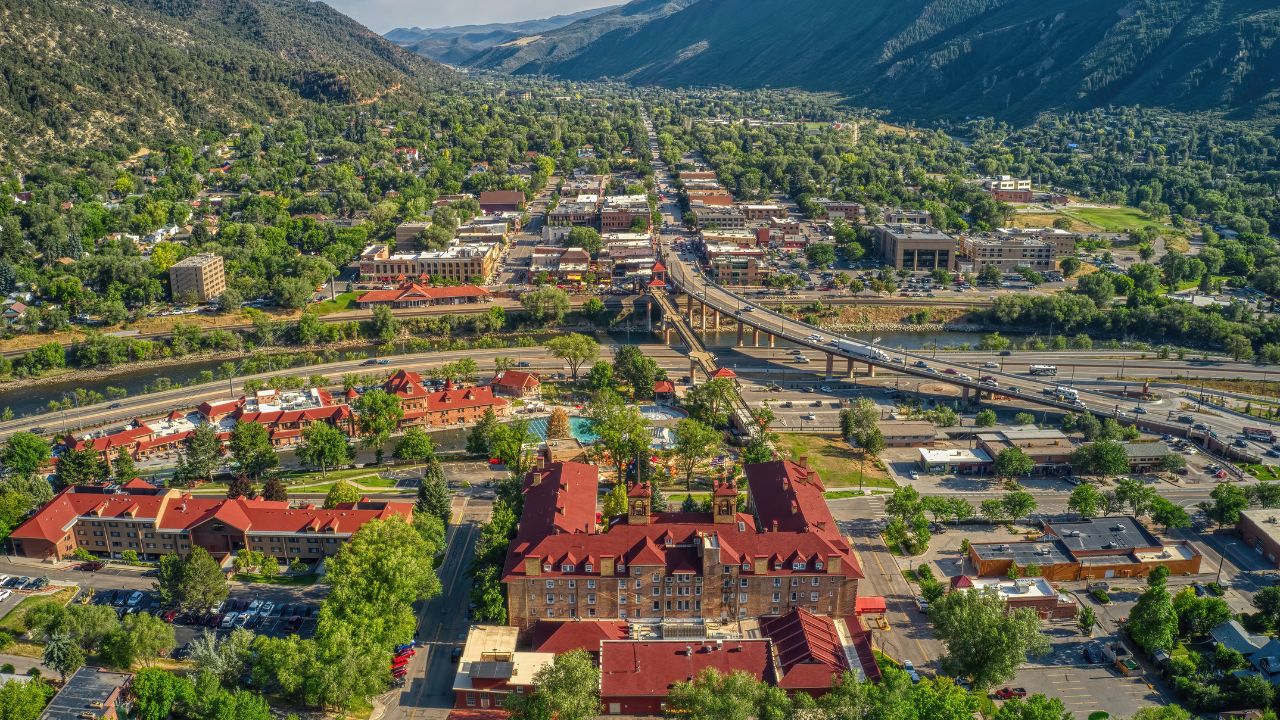 Aerial View of Downtown Glenwood Springs and its Large Hot Spring Pool