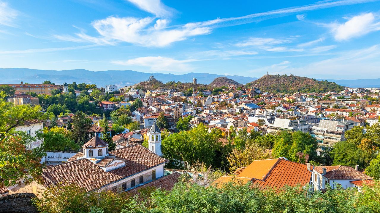 Scenic area view of ancient part of Plovdiv town from Puldin Fortress, Bulgaria