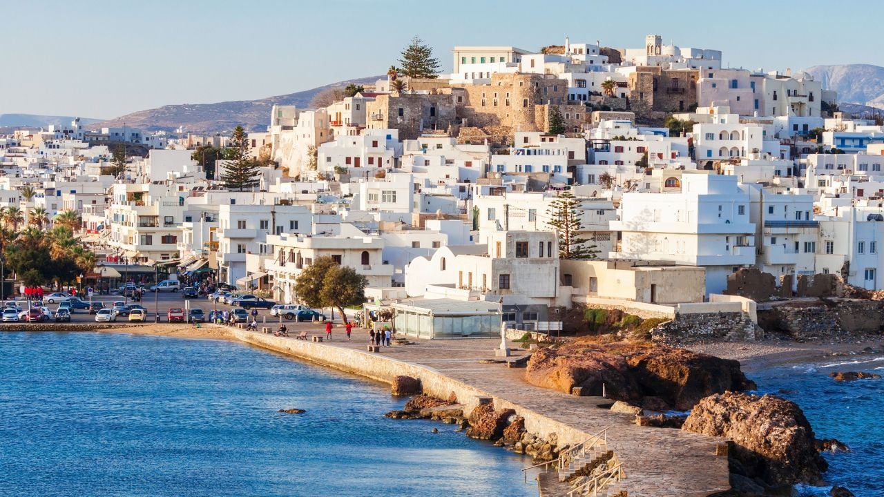 Naxos island aerial panoramic view. Naxos is the largest of the Cyclades island group in the Aegean, Greece