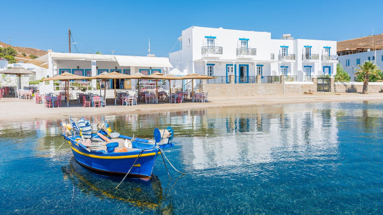 Grikos Village harbour view in Patmos Island. Patmos Island is populer tourist destination in Greece.