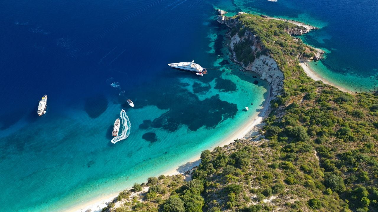 Aerial view of Gidaki beach on Ithaca, Greece
