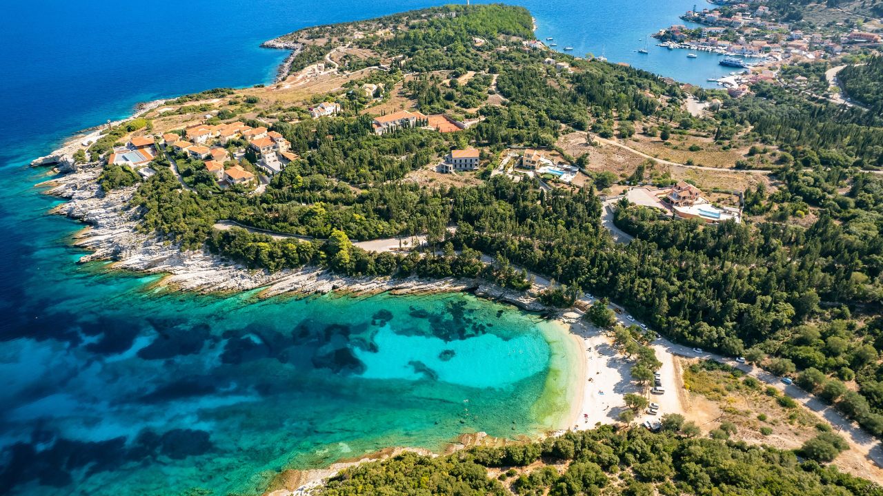 Aerial view of an amazing sea bay with beautiful Emplisi beach near Fiskardo town, Kefalonia island, Ionian sea, Greece. Perfect summer holidays destination
