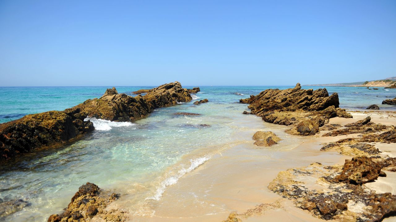 Natural pools of Bolonia. Bolonia pools. Located on the beach of Bolonia, one of the beaches of Tarifa in the Natural Park of Strait (Parque Natural del Estrecho), coast of Cadiz, Spain