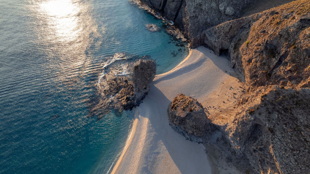 An aerial view of Los Muertos Beach in Almeria, Spain.