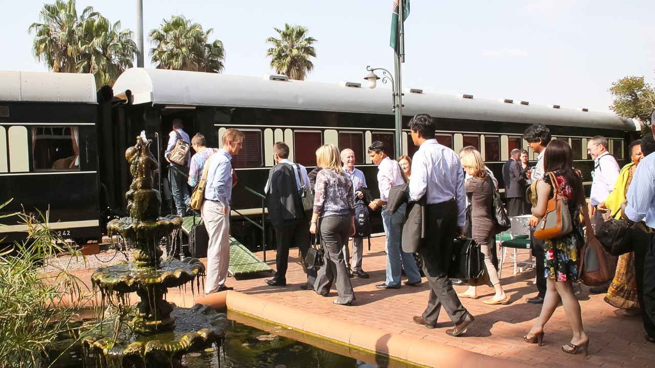 Pretoria Gauteng South Africa 10072010 Rovos Rail steam train passengers boarding train for journey