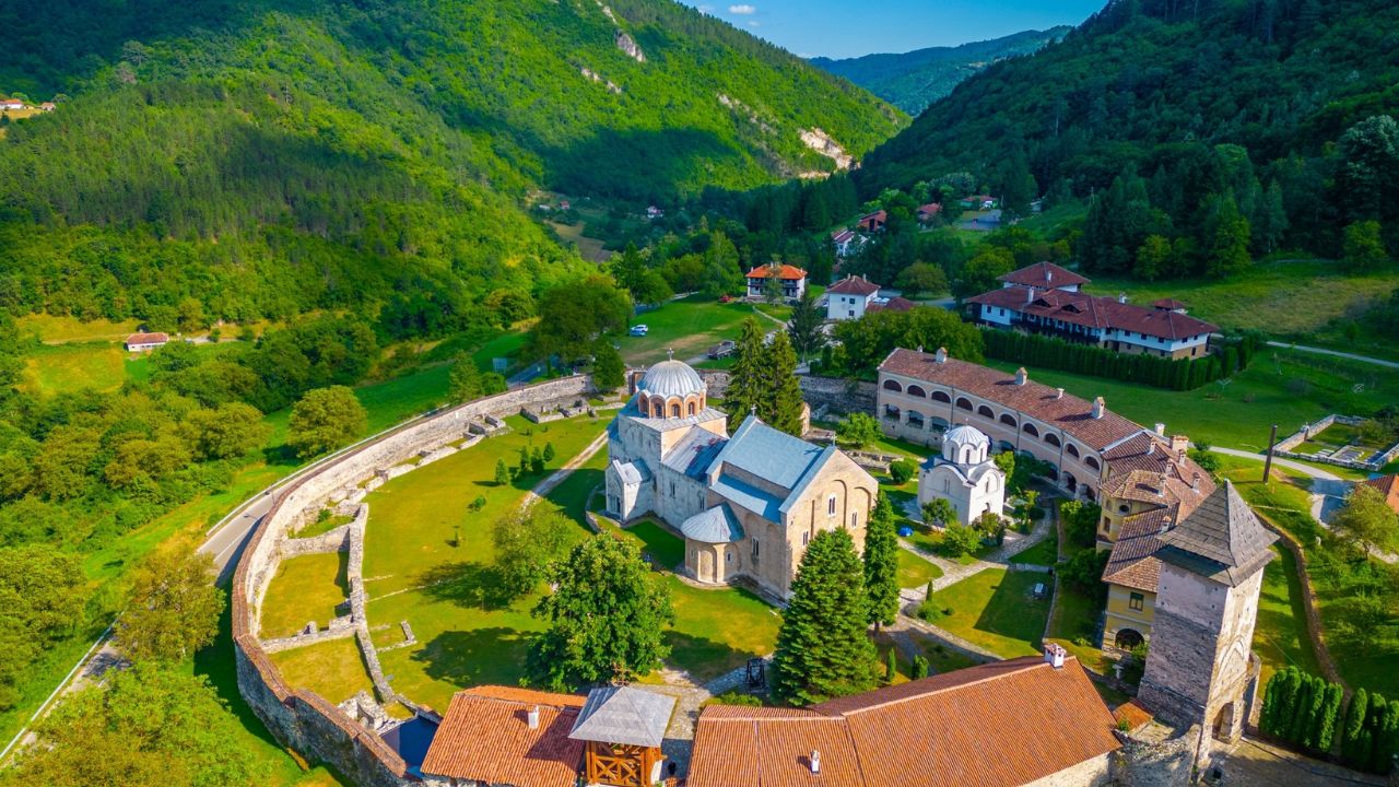 Studenica monastery during a sunny day in Serbia