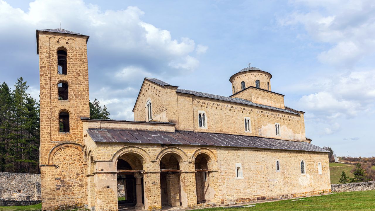 The Sopoćani Monastery, an endowment of King Stefan Uroš I of Serbia, was built from 1259 to 1270 near the Raška River's source in the Ras region of Serbia.