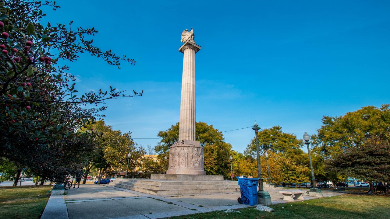 Chicago, IL, October 1, 2021, Chicago, Illinois Centennial Monument, Logan Square, stone column, park, statue, blue sky