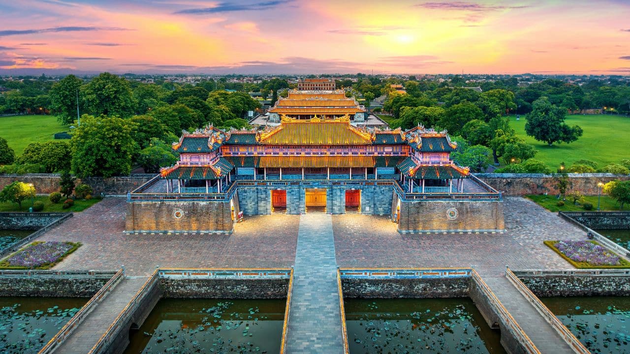 Aerial view of Meridian Gate Hue at sunset in Vietnam.