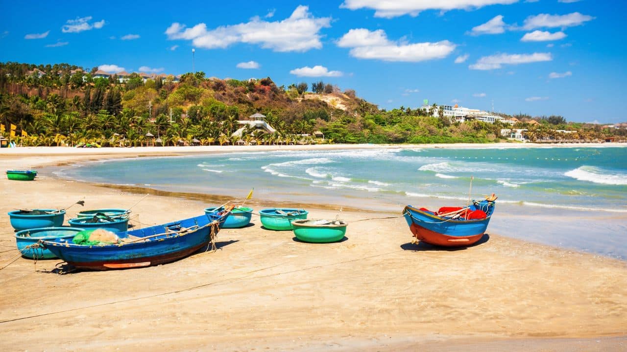 Fisherman boats at the beach in Mui Ne or Phan Thiet in Vietnam