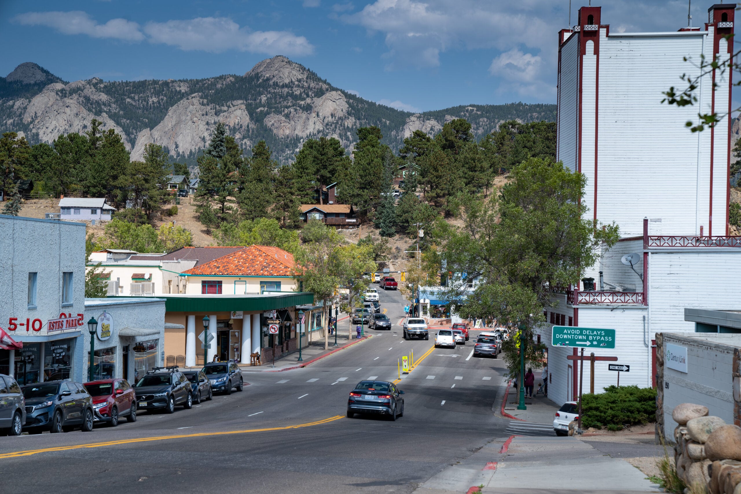 Estes Park, Colorado - September 19, 2020: Downtown view of the tourist town outside of Rocky Mountain National Park