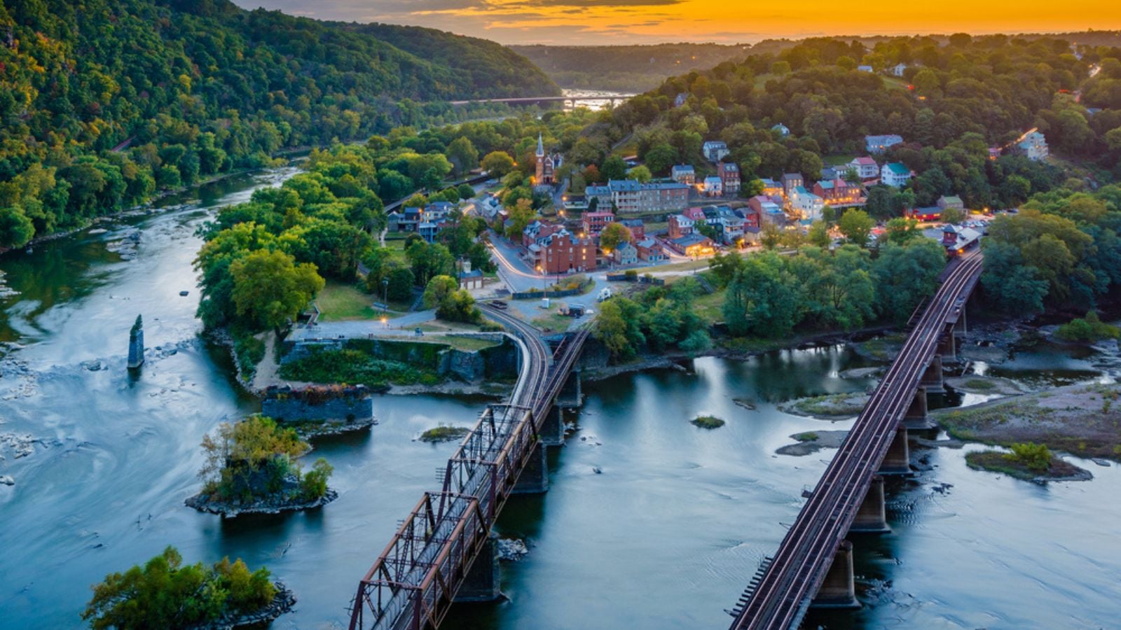 A sunset view from Maryland Heights, overlooking Harpers Ferry west virginia