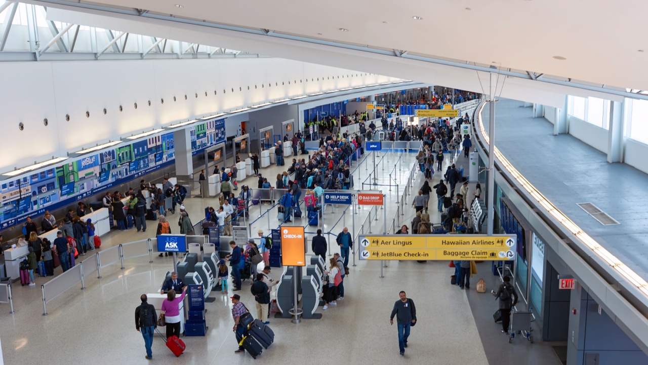 NEW YORK - MARCH 22, 2016: inside of JFK airport. John F. Kennedy International Airport is a major international airport located in Queens, New York City, United States.