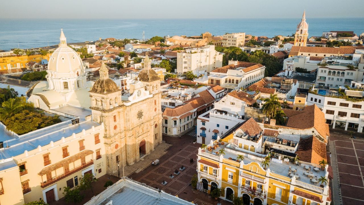 Aerial view by drone of Cartagena Old Town, Bolivar Department, Colombia, South America