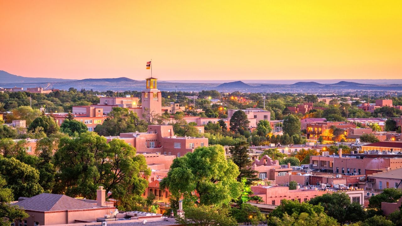 Santa Fe, New Mexico, USA downtown skyline at dusk.