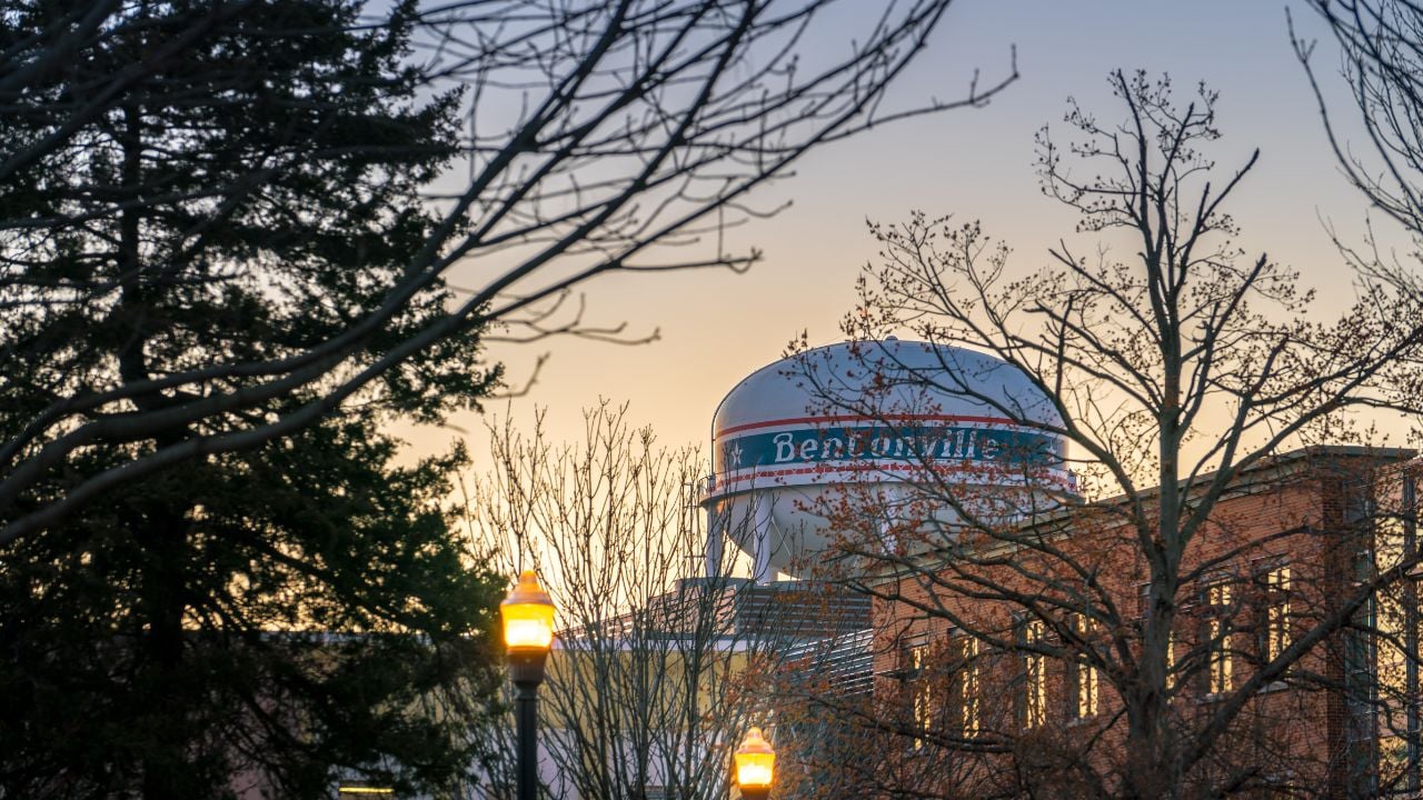 Bentonville, Arkansas United States - March 20, 2019: Water tower in Downtown Bentonville Arkansas, NWA at Sunset