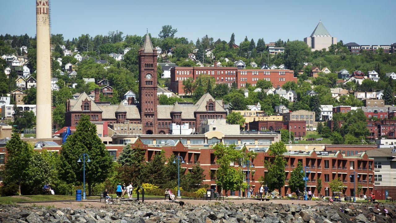 Duluth is a Seaport City in the U.S. State of Minnesota and is the County Seat of Saint Louis County. Duluth Cityscape Photo in Summer.