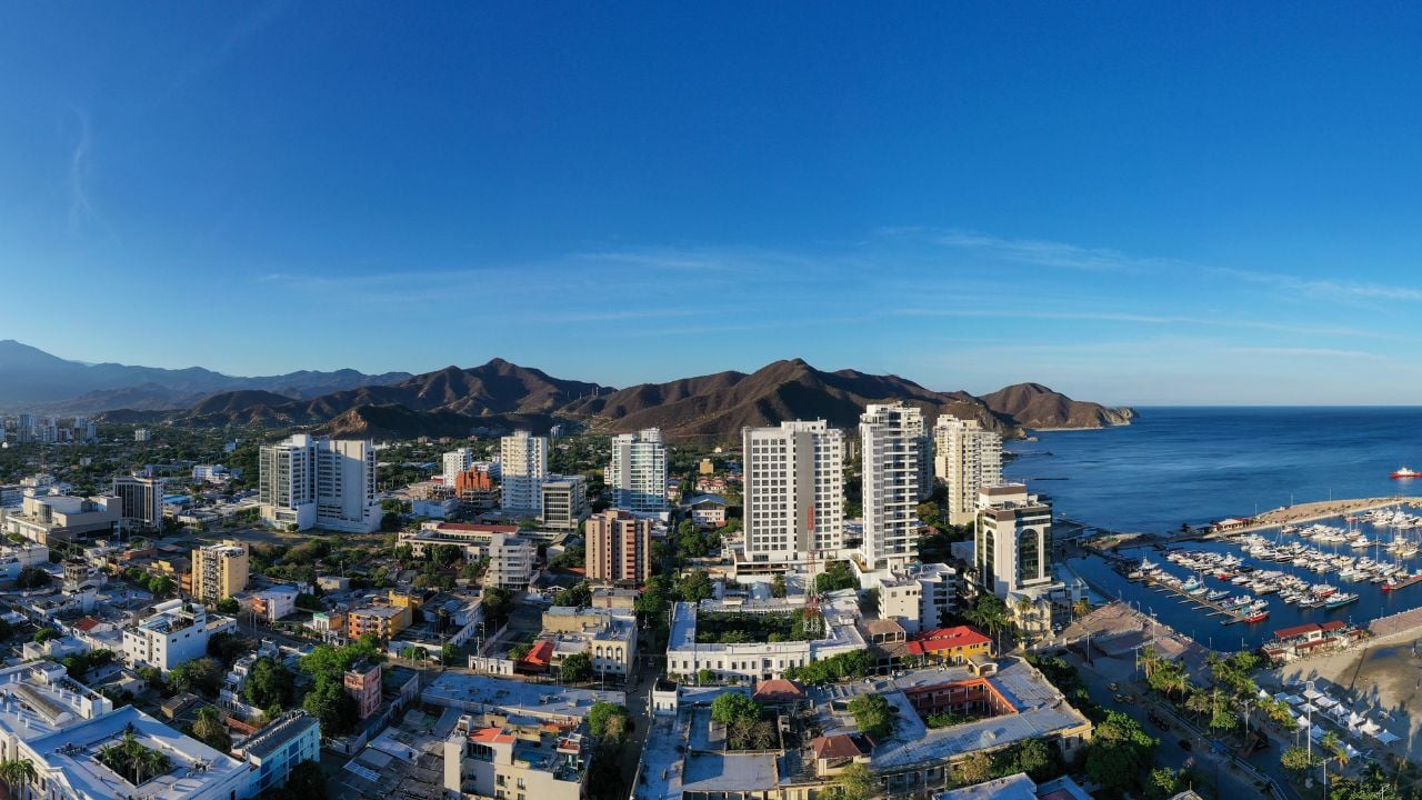 Aerial view of the city of Santa Marta, Colombia along the Caribbean Coast.