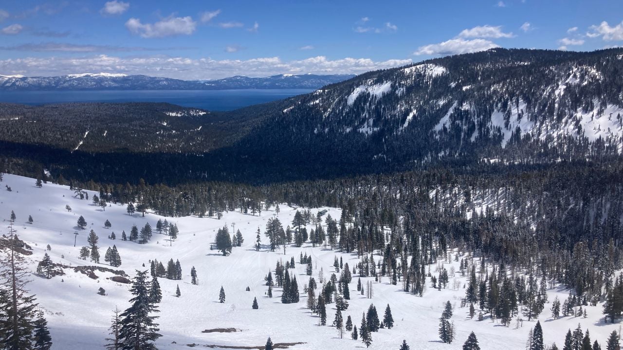 Snowy mountain landscape on a bluebird sunny day in Lake Tahoe California at Alpine Meadows