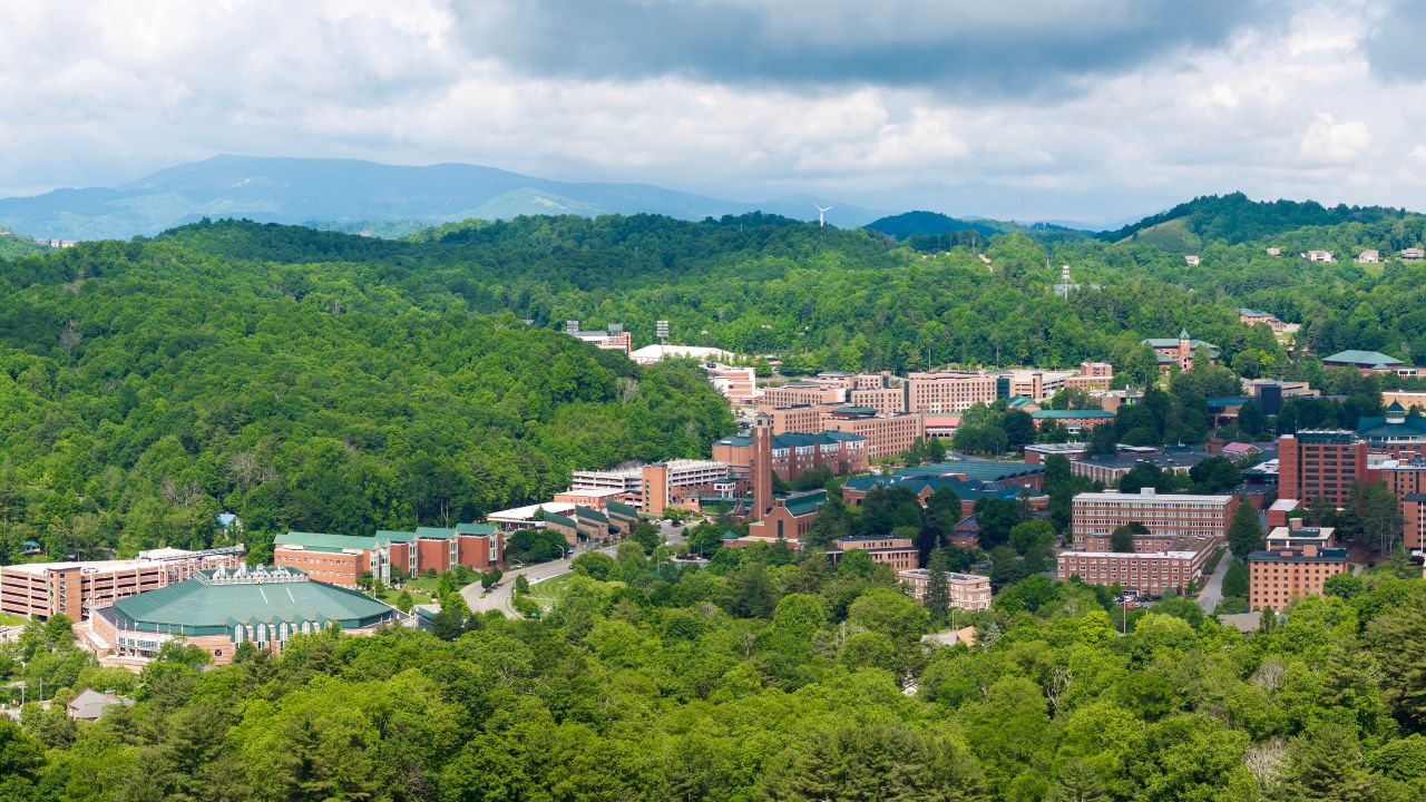 Boone, North Carolina. Historical American city architecture in Appalachian mountains. Old city in Watauga County, USA. Streets and historic buildings from above