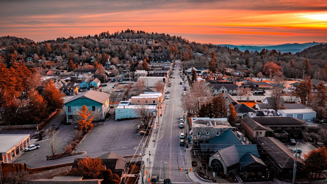 Blowing Rock North Carolina November 24 2023 aerial view of sunset down Main Ave
