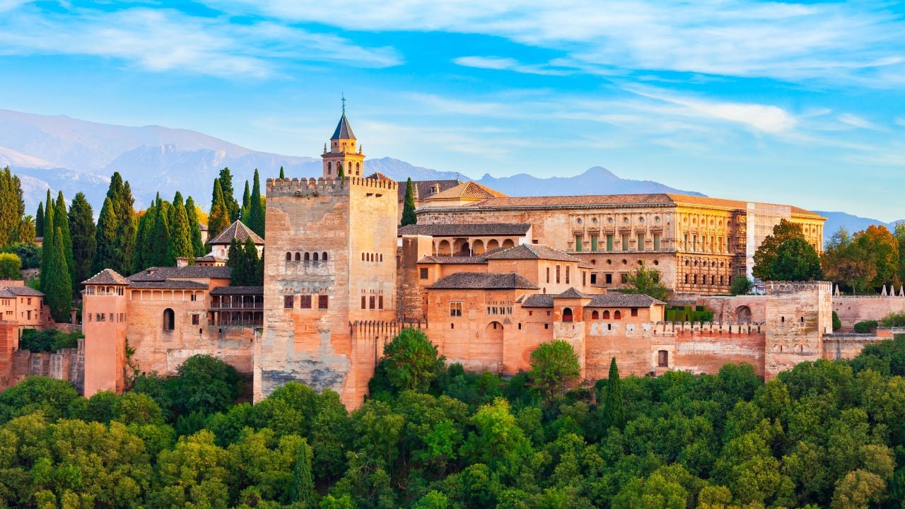 The Alhambra aerial panoramic view. The Alhambra is a fortress complex located in Granada city, Andalusia region in Spain.