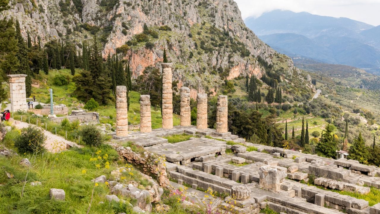 Delphi, Greece. The Temple of Apollo, one of the buildings of the ancient Sanctuary of Apollo in Delphi