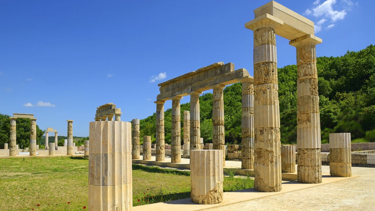 The Palace of Aigai following of restoration, Vergina, Macedonia, Greece, UNESCO World Heritage Site. The palace is where Alexander the Great was crowned king of the Macedonians