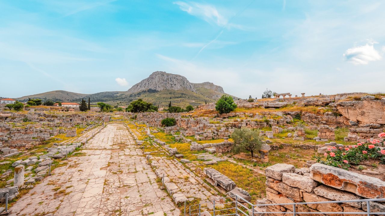 archaeological site of Ancient Corinth built in the slopes of Acrocorinth, Peloponnese, Greece
