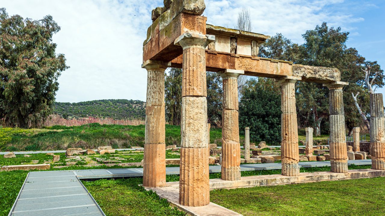 Temple of Artemis in archaeological site of Brauron, Attica, Greece. Afternoon time.