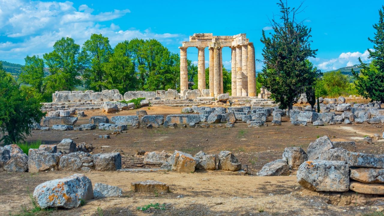 Ruins of temple of Zeus at ancient Nemea complex in Greece.