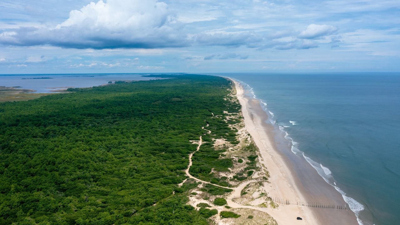 Virginia Beach Virginia - August 11 2022: Aerial View of False Cape State Park and Bay Bay National Wildlife Refuge in Virginia Beach