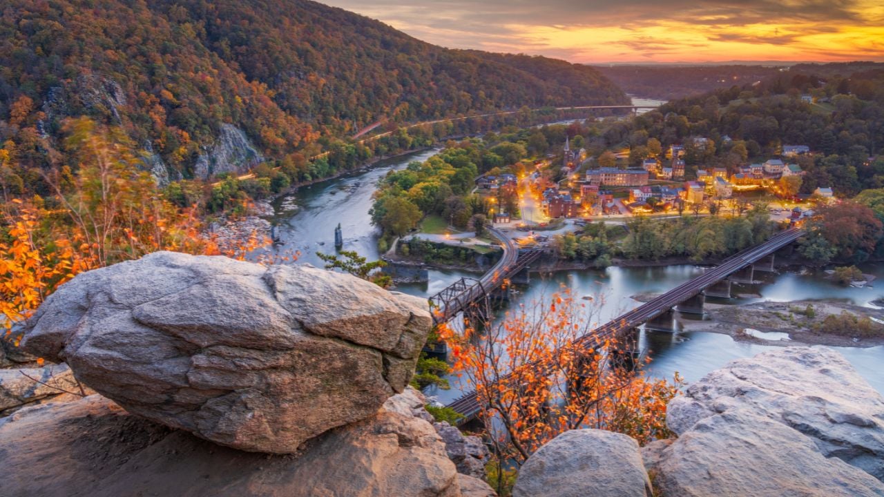 Harpers Ferry, West Virginia, USA overlooking the Shenandoah Valley in autumn at dusk.