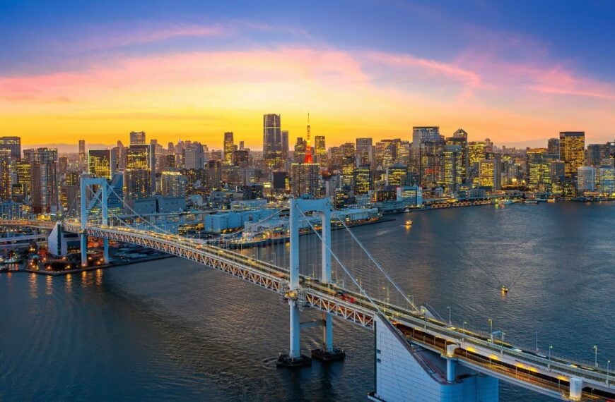 Rainbow bridge and Tokyo cityscape at sunset, Japan.