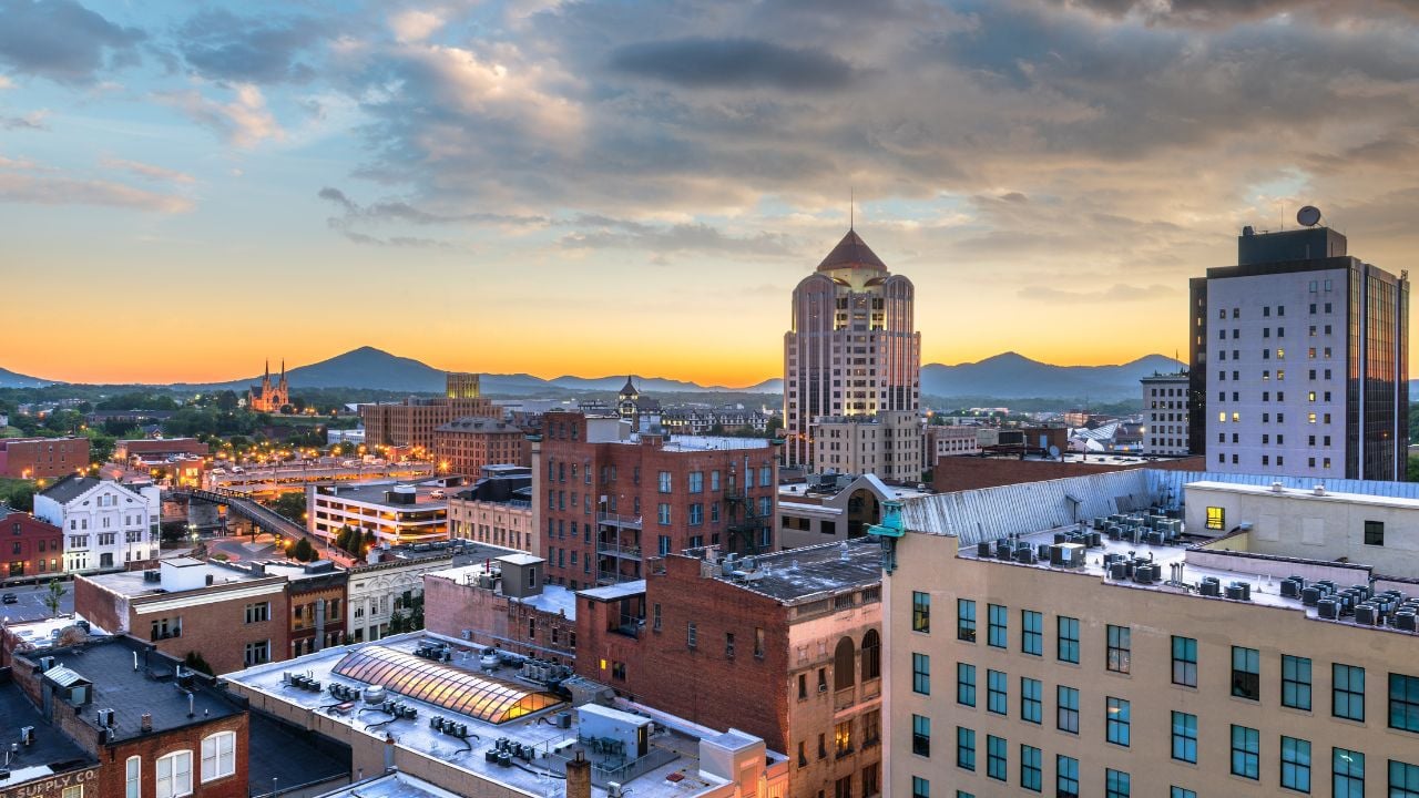 Roanoke, Virginia, USA downtown skyline at dawn.