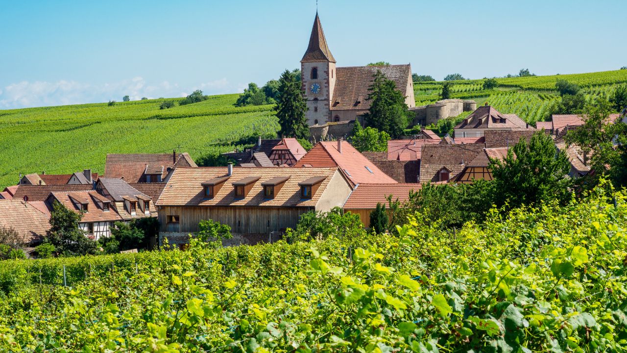 Hunawihr village and surrounding vineyards in Alsace, France
