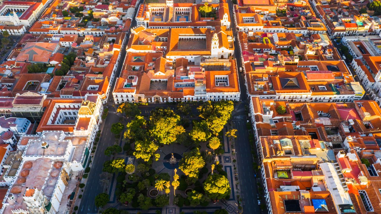 Aerial view of old streets of the colonial city Sucre, Bolivia